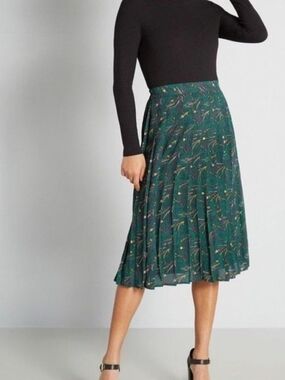 Modcloth Teal Floral Pleated Midi Skirt